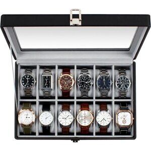 Watch Box, 12 Slot Watch Case with Large Real Glass Lid, Watch Organizer